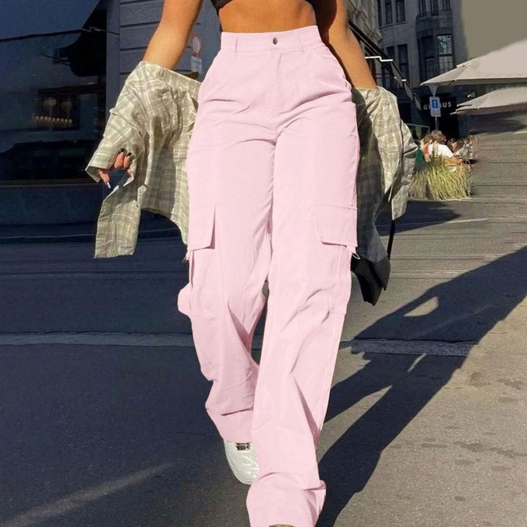 Women's High-Waist Wide-Leg Cargo Trousers Flap-Pocket - Pink
