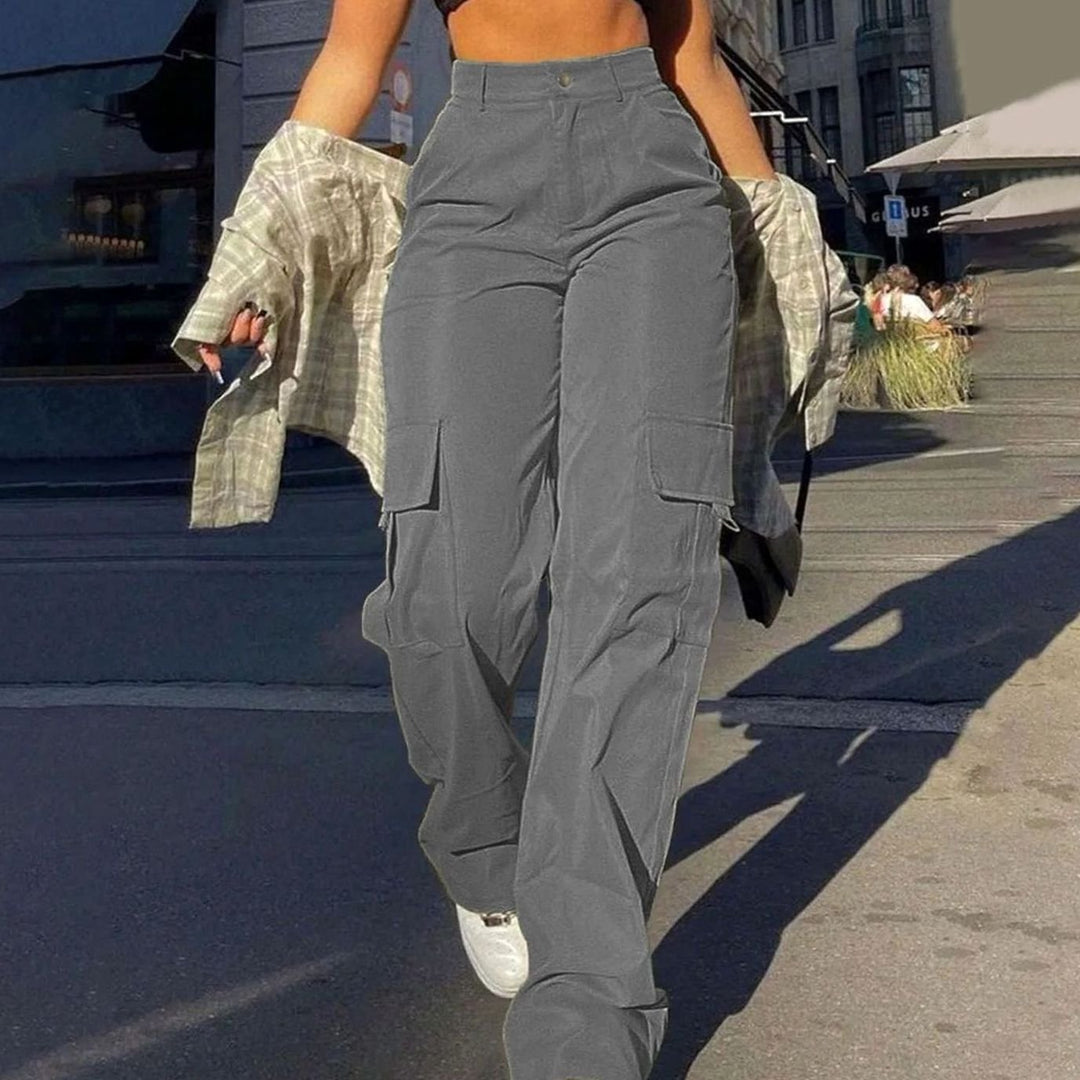 Women's High-Waist Wide-Leg Cargo Trousers Flap-Pocket - Gray