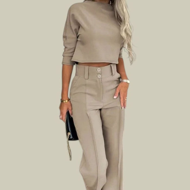 Women's High-Waist Wide-Leg Cropped Top Loungewear Sets - Beige
