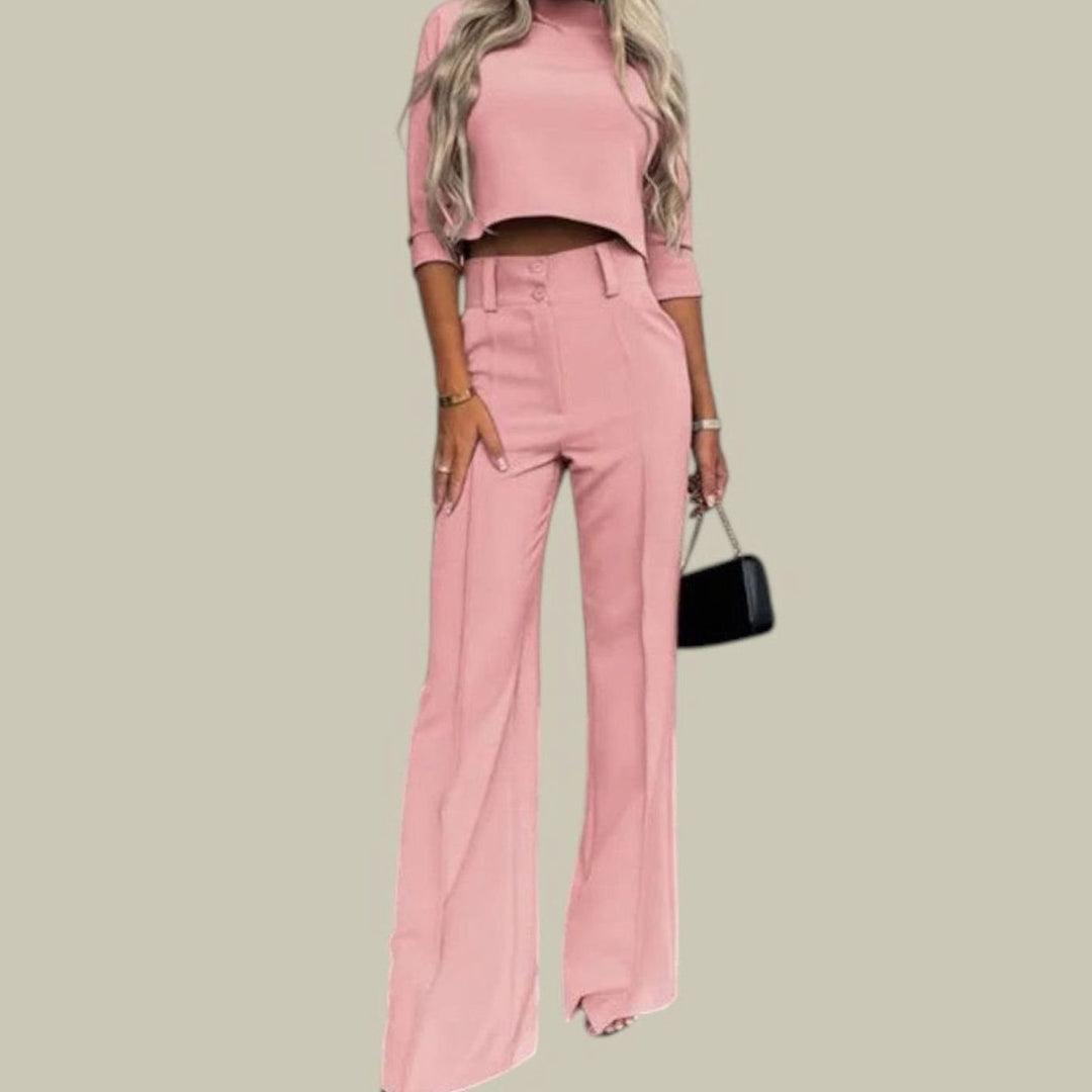 Women's High-Waist Wide-Leg Cropped Top Loungewear Sets - Rose Gold