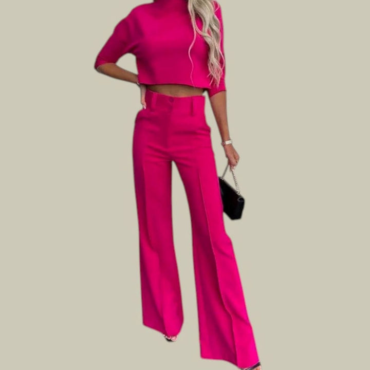 Women's High-Waist Wide-Leg Cropped Top Loungewear Sets - Pink