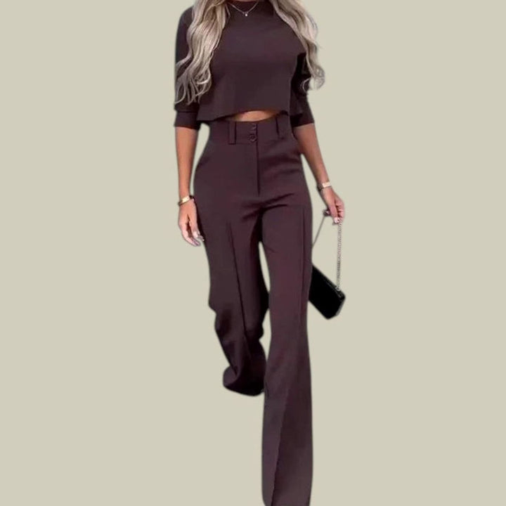 Women's High-Waist Wide-Leg Cropped Top Loungewear Sets - Brown