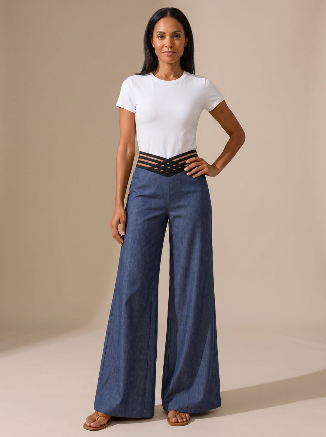 Women's High-Waist Wide-Leg Crossover Waistband Pants - Royal Blue
