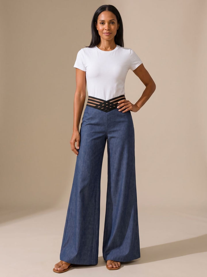 Women's High-Waist Wide-Leg Crossover Waistband Pants - Royal Blue