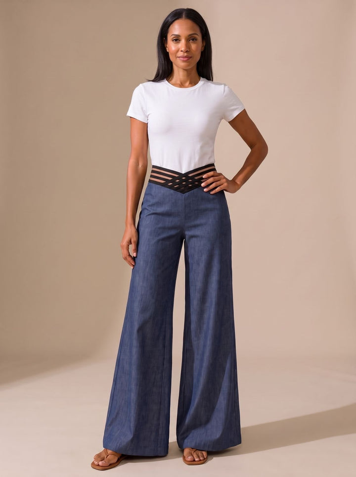 Women's High-Waist Wide-Leg Crossover Waistband Pants - Navy Blue