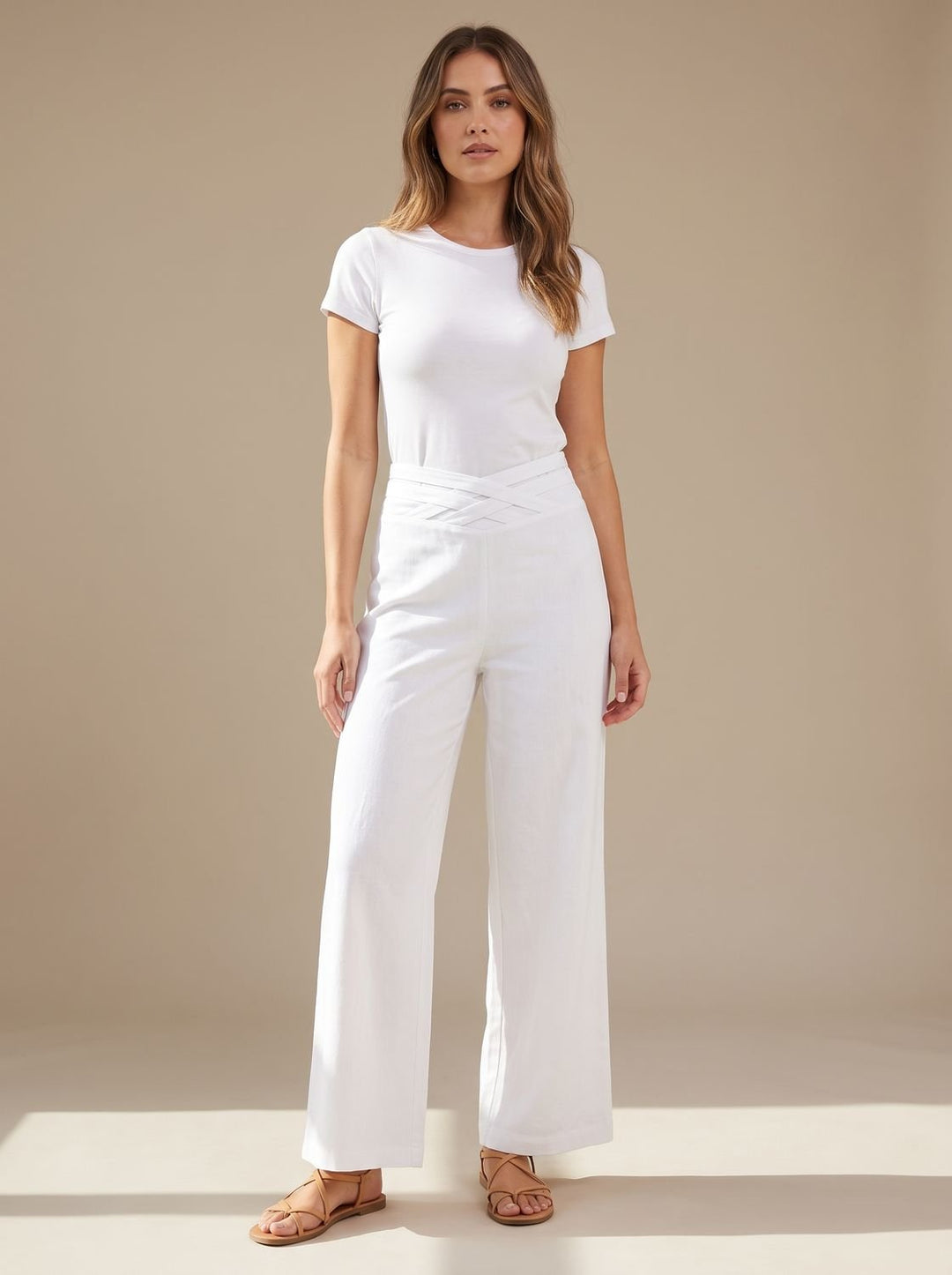 Women's High-Waist Wide-Leg Crossover Waistband Pants - White