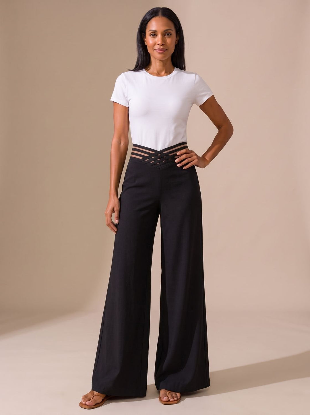 Women's High-Waist Wide-Leg Crossover Waistband Pants - Black