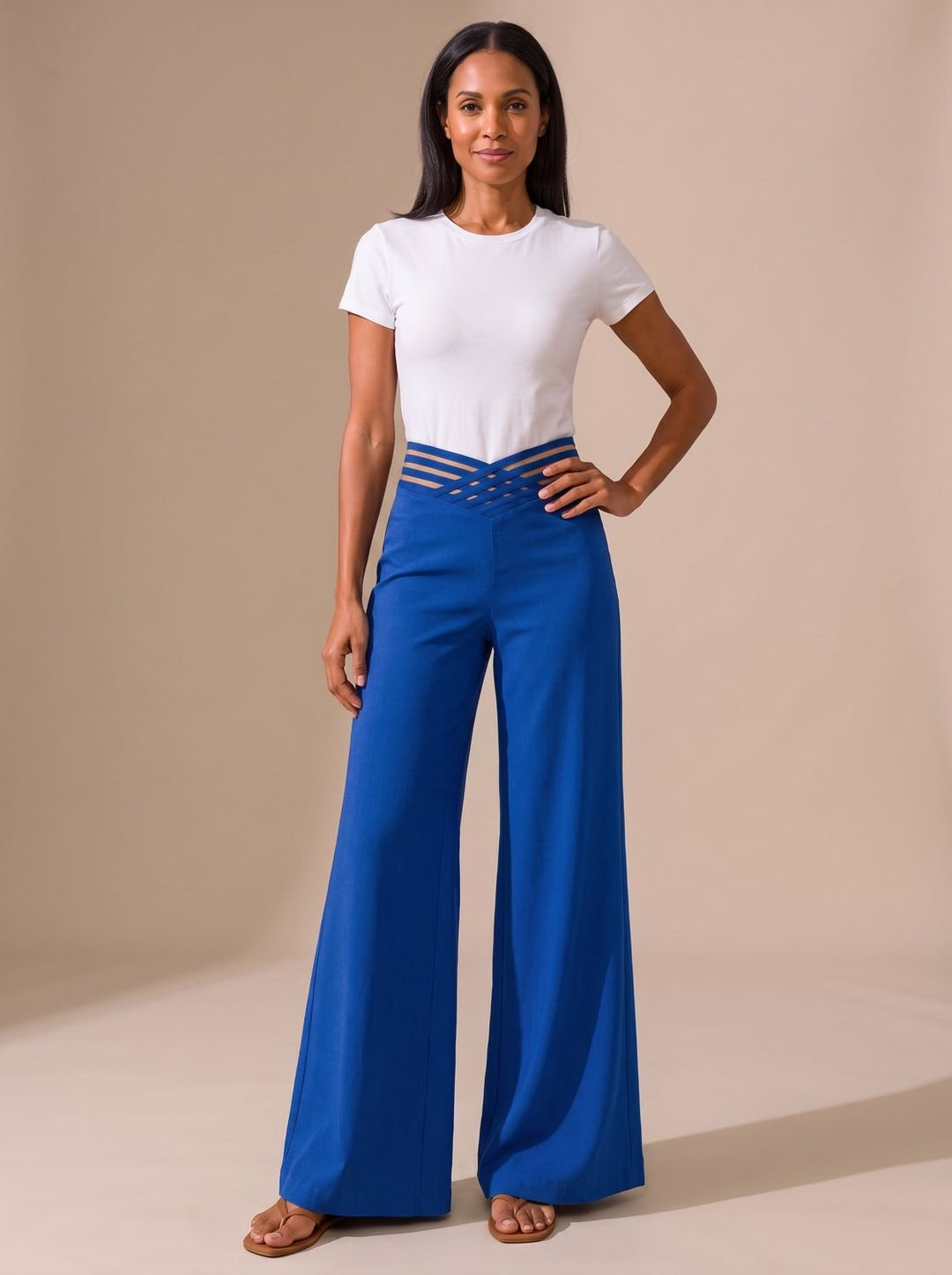 Women's High-Waist Wide-Leg Crossover Waistband Pants - Blue