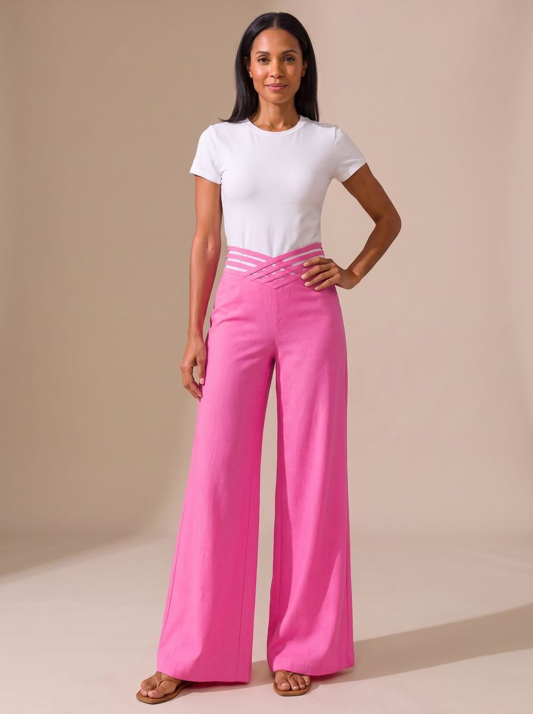 Women's High-Waist Wide-Leg Crossover Waistband Pants - Fuchsia