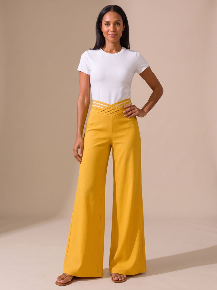 Women's High-Waist Wide-Leg Crossover Waistband Pants - Yellow