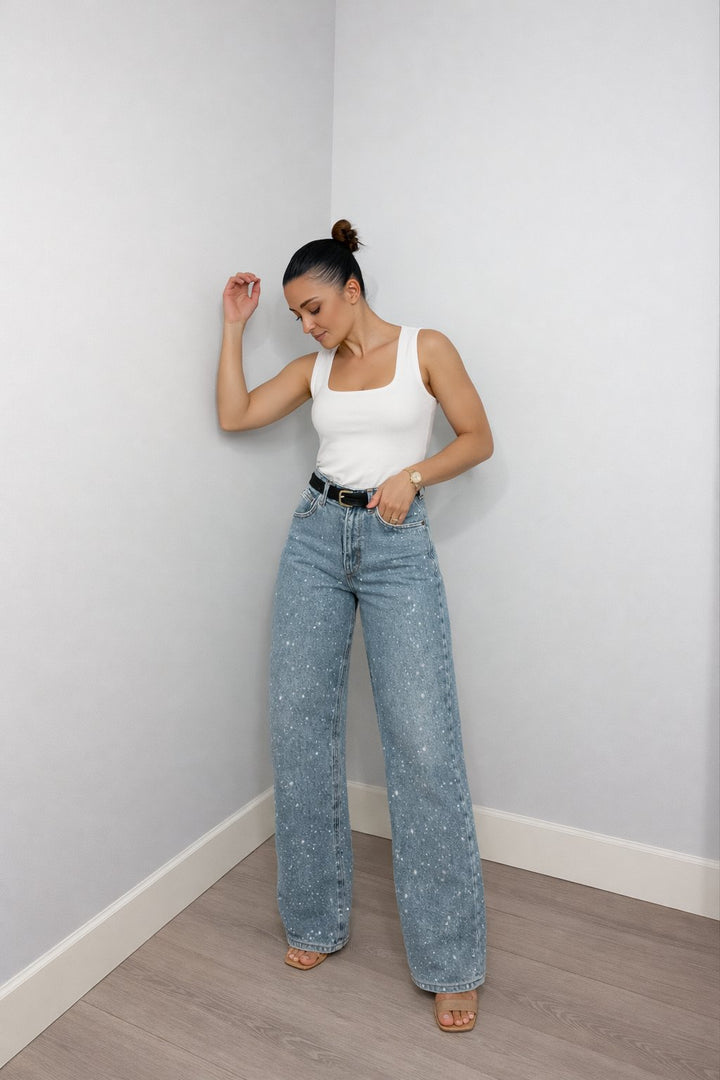Women's High-Waist Wide-Leg Glitter Straight Denim Pants
