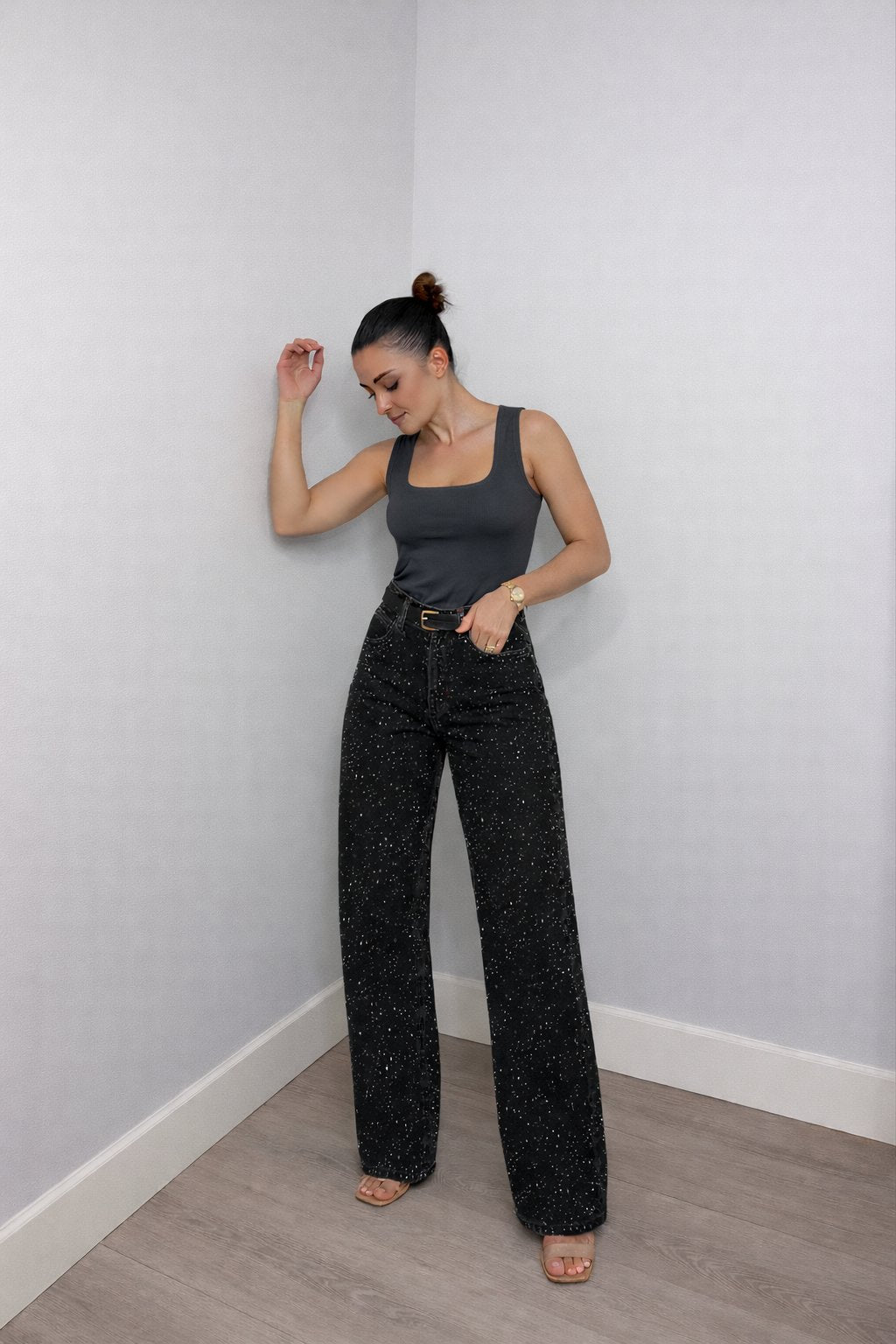 Women's High-Waist Wide-Leg Glitter Straight Denim Pants