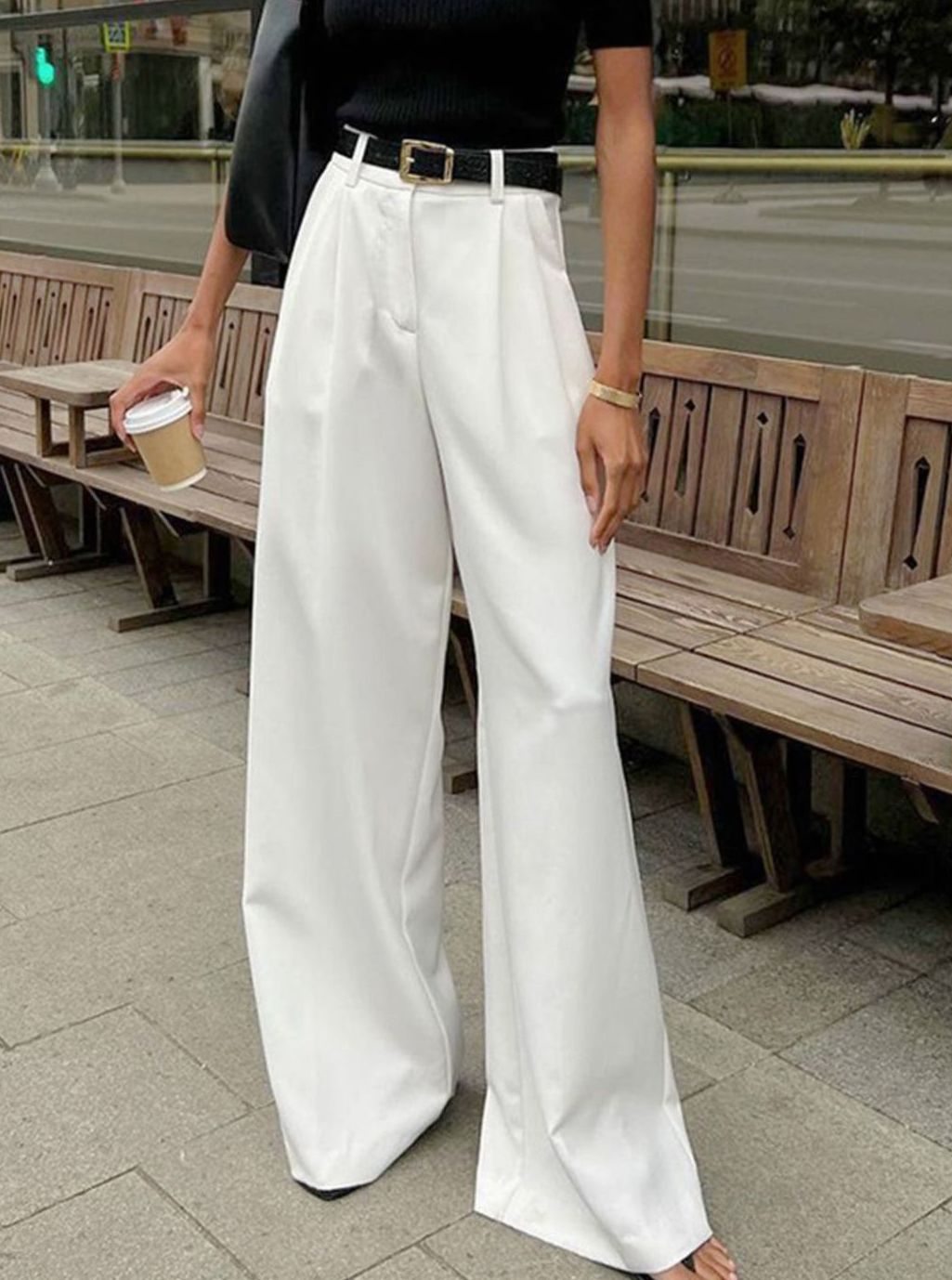 Women's High-Waist Wide-Leg Tailored Trousers Office Pants - White