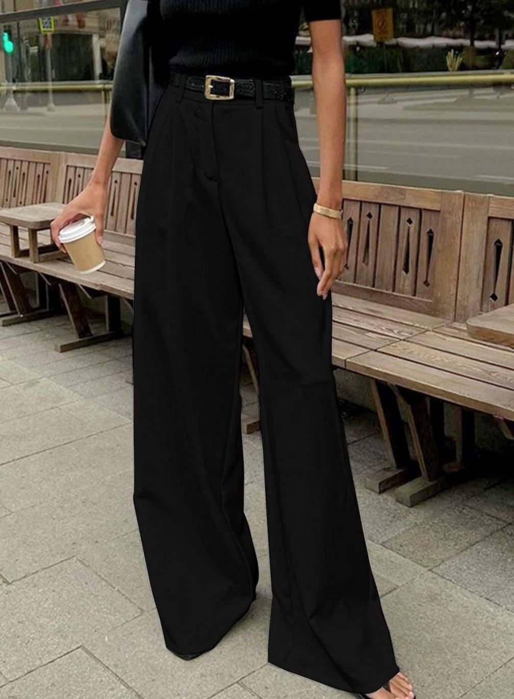 Women's High-Waist Wide-Leg Tailored Trousers Office Pants - Black