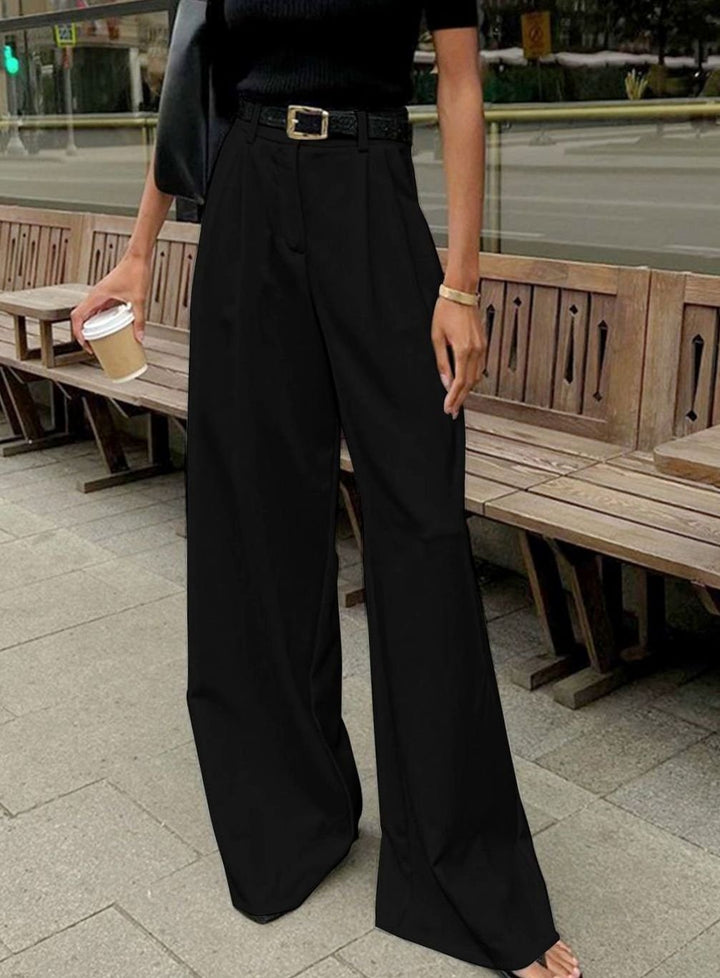 Women's High-Waist Wide-Leg Tailored Trousers Office Pants - Black