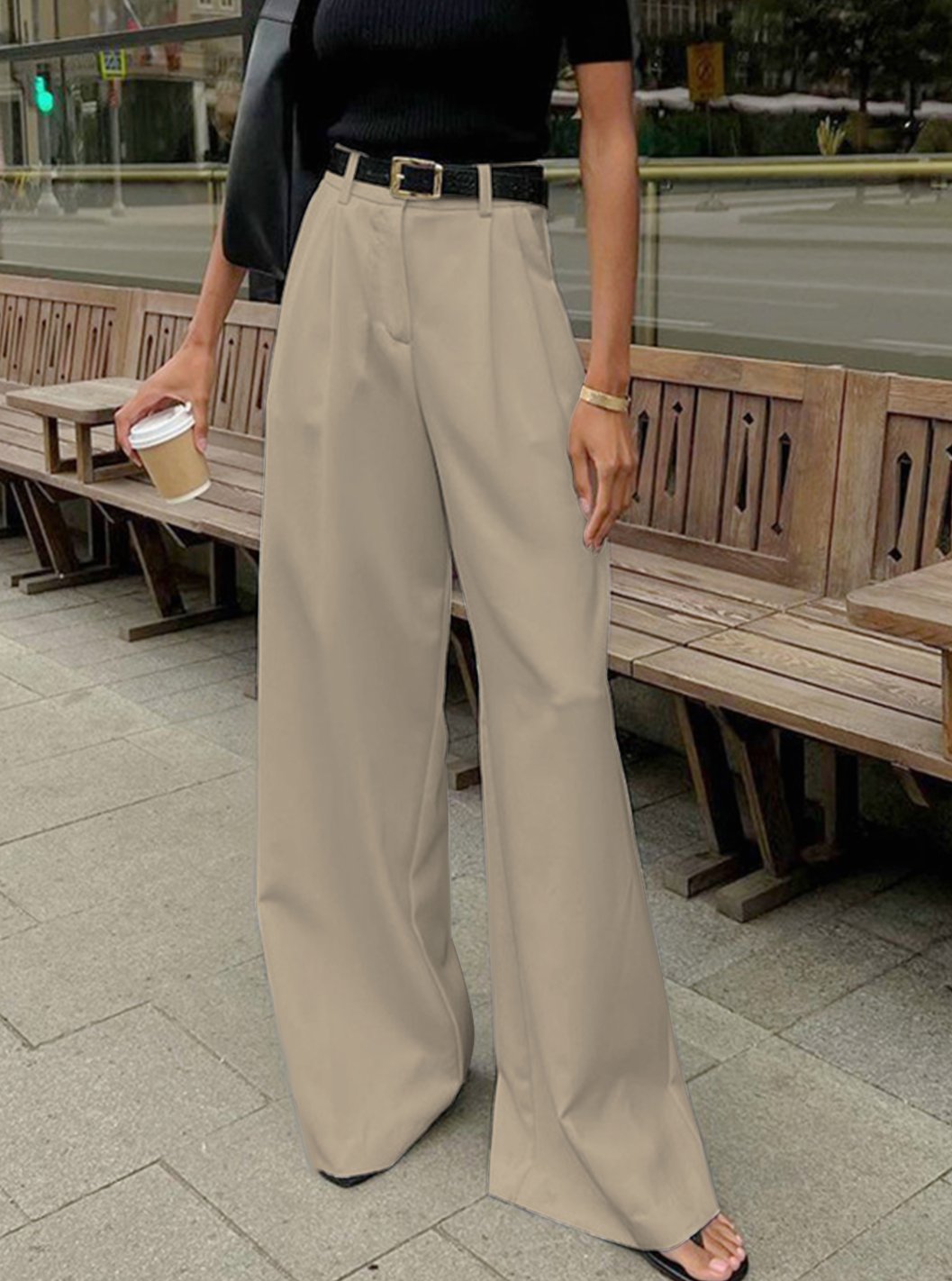 Women's High-Waist Wide-Leg Tailored Trousers Office Pants - Khaki