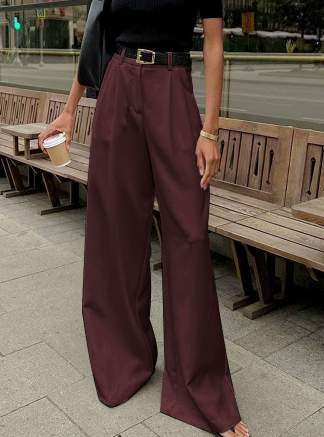 Women's High-Waist Wide-Leg Tailored Trousers Office Pants - Burgundy