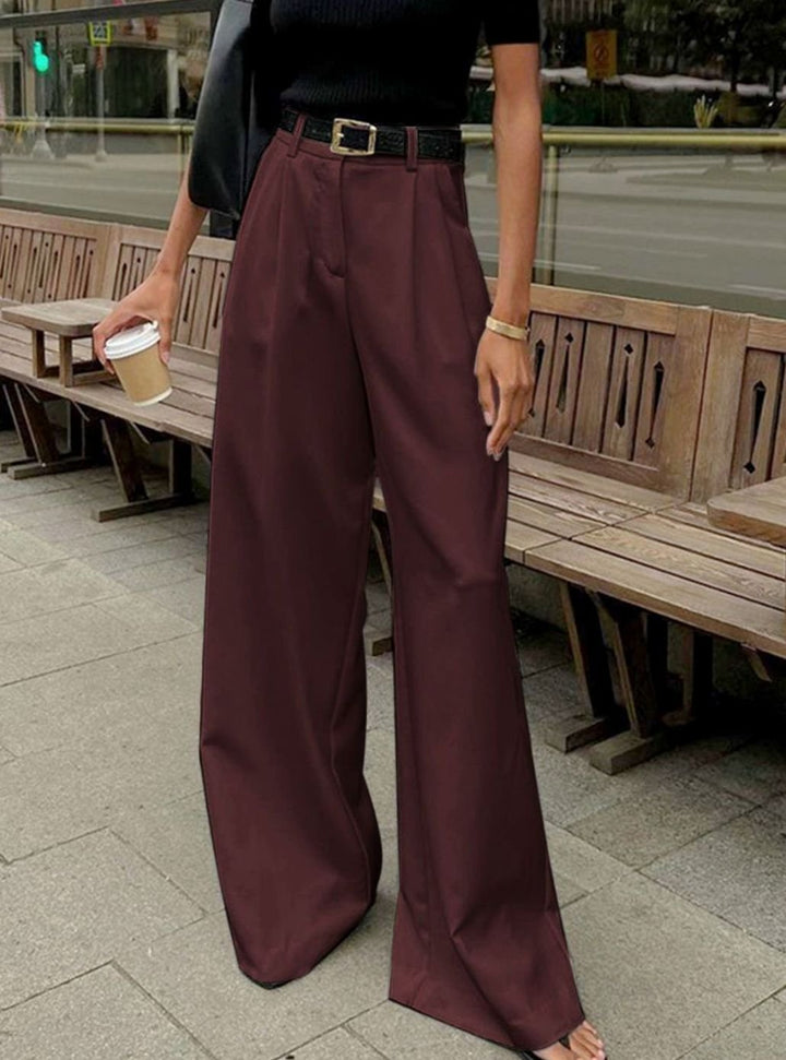 Women's High-Waist Wide-Leg Tailored Trousers Office Pants - Burgundy
