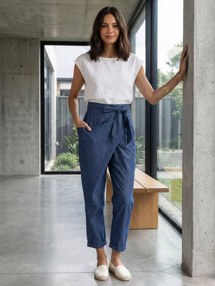 Women's High-Waist Wrap-Front Bow-Tie Cropped Tapered Pants