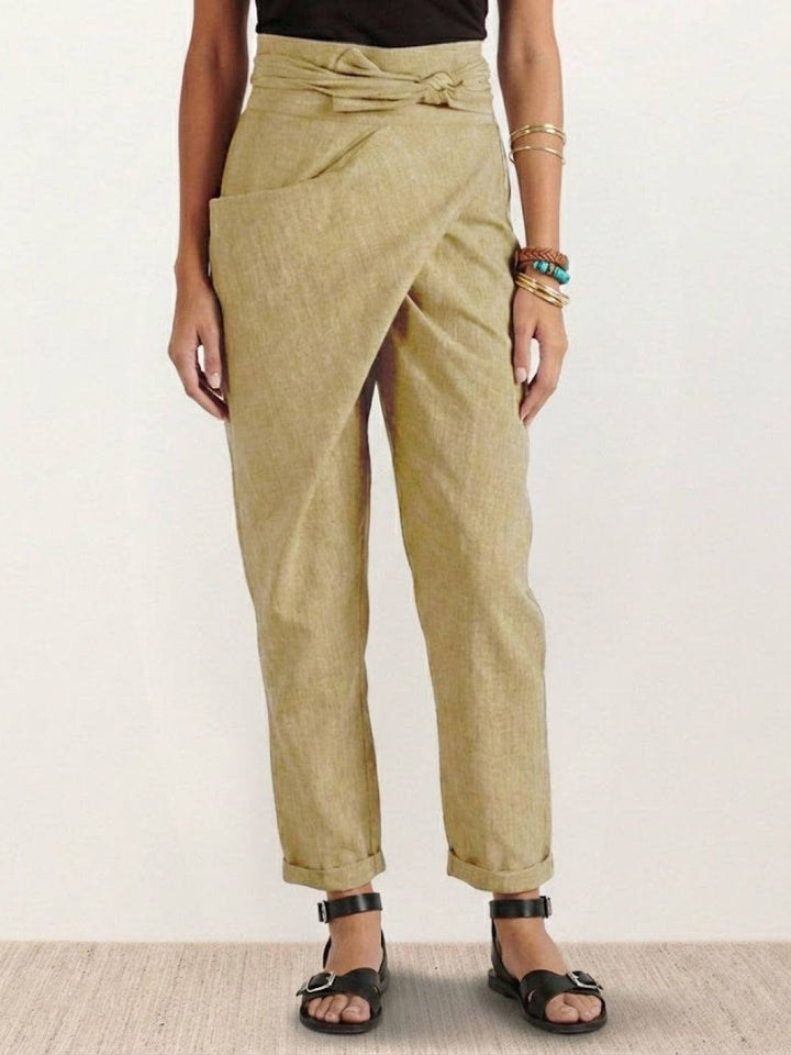 Women's High-Waist Wrap-Front Bow-Tie Cropped Tapered Pants - Khaki