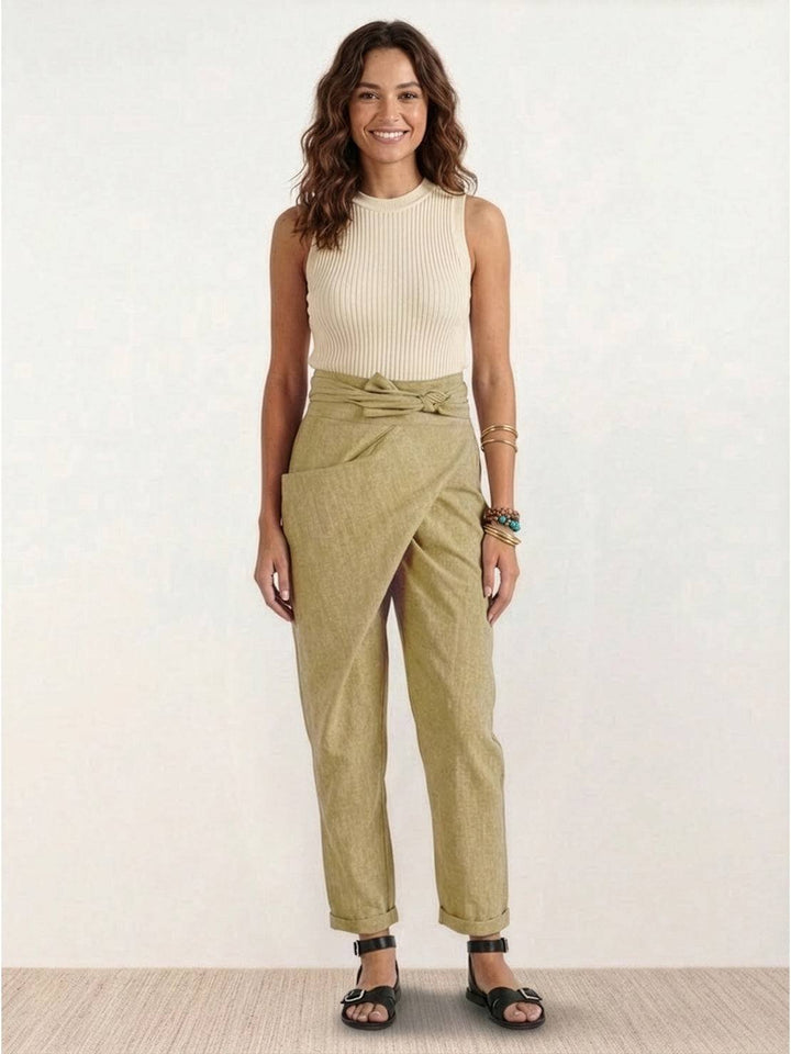 Women's High-Waist Wrap-Front Bow-Tie Cropped Tapered Pants