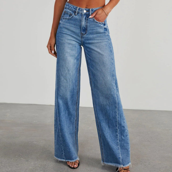 Women's High-Waisted Wide-Leg Raw-Hem Denim Jeans - Blue