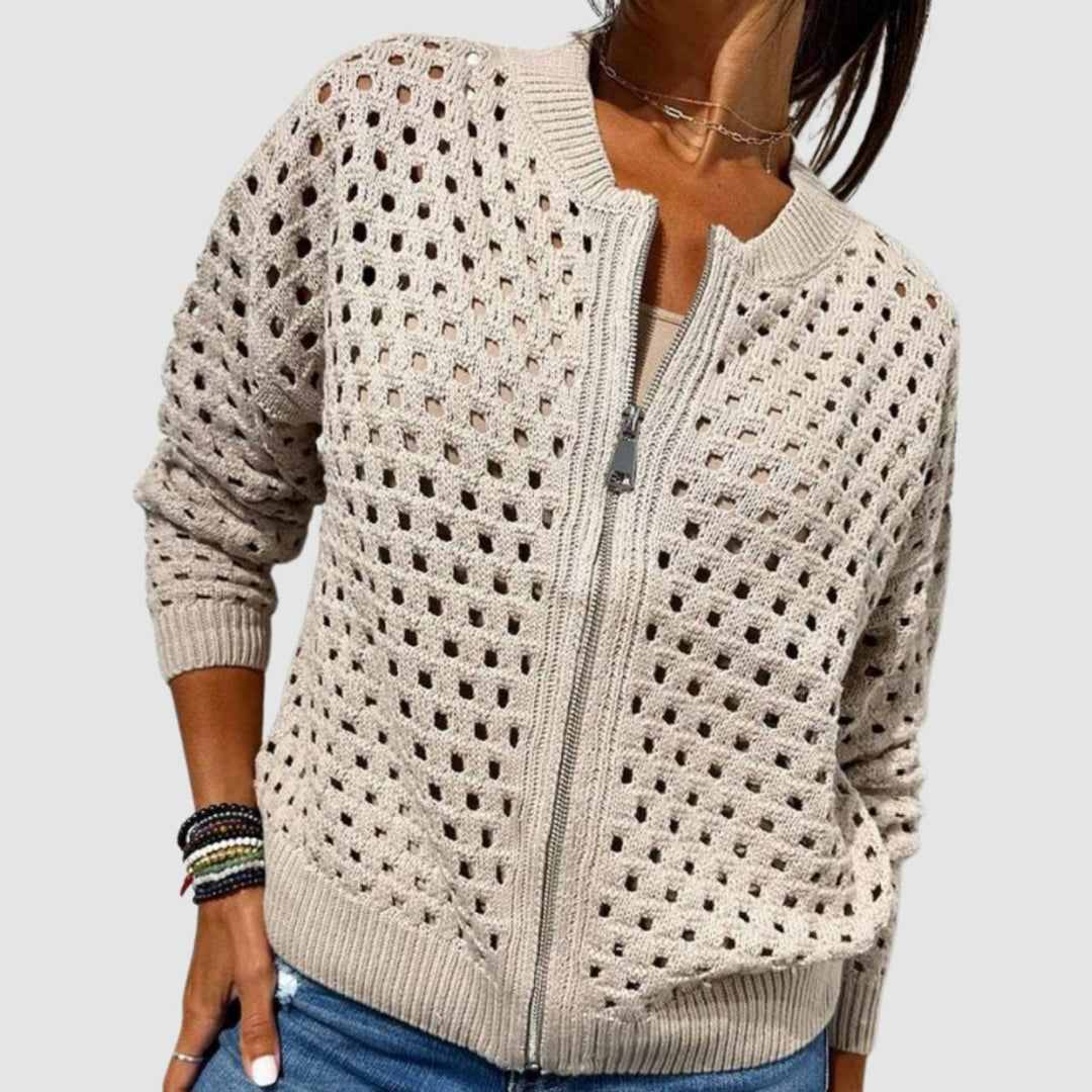 Women's Hollow-Knit Zip-Up Relaxed-Fit Cardigan - Beige