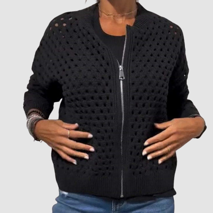 Women's Hollow-Knit Zip-Up Relaxed-Fit Cardigan - Black