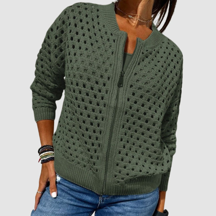 Women's Hollow-Knit Zip-Up Relaxed-Fit Cardigan - Green