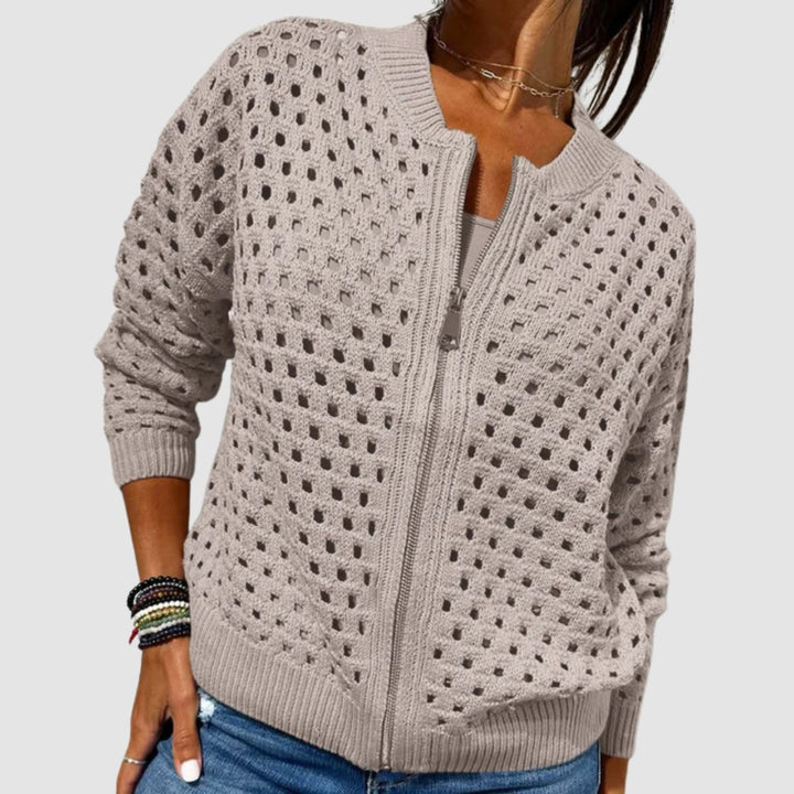 Women's Hollow-Knit Zip-Up Relaxed-Fit Cardigan - Khaki