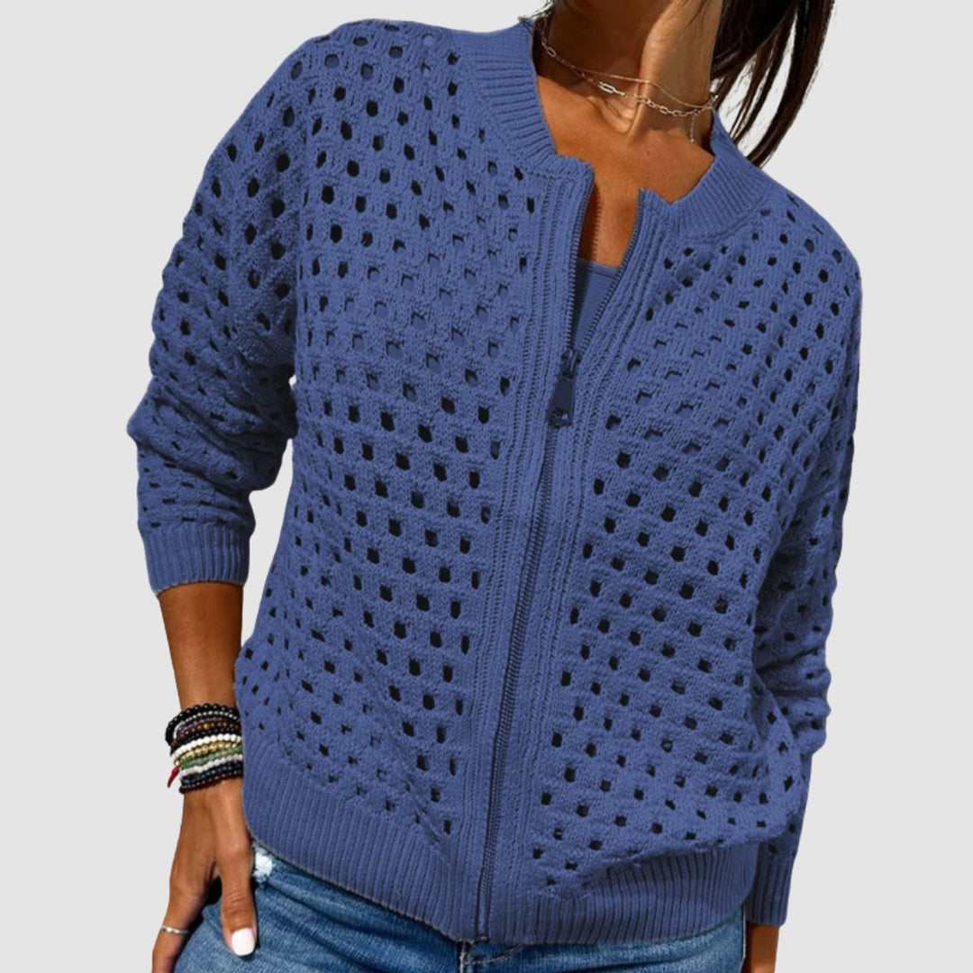 Women's Hollow-Knit Zip-Up Relaxed-Fit Cardigan - Blue