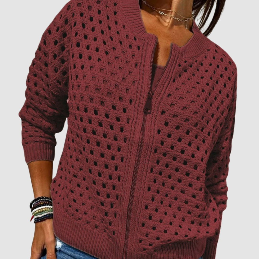 Women's Hollow-Knit Zip-Up Relaxed-Fit Cardigan - Burgundy