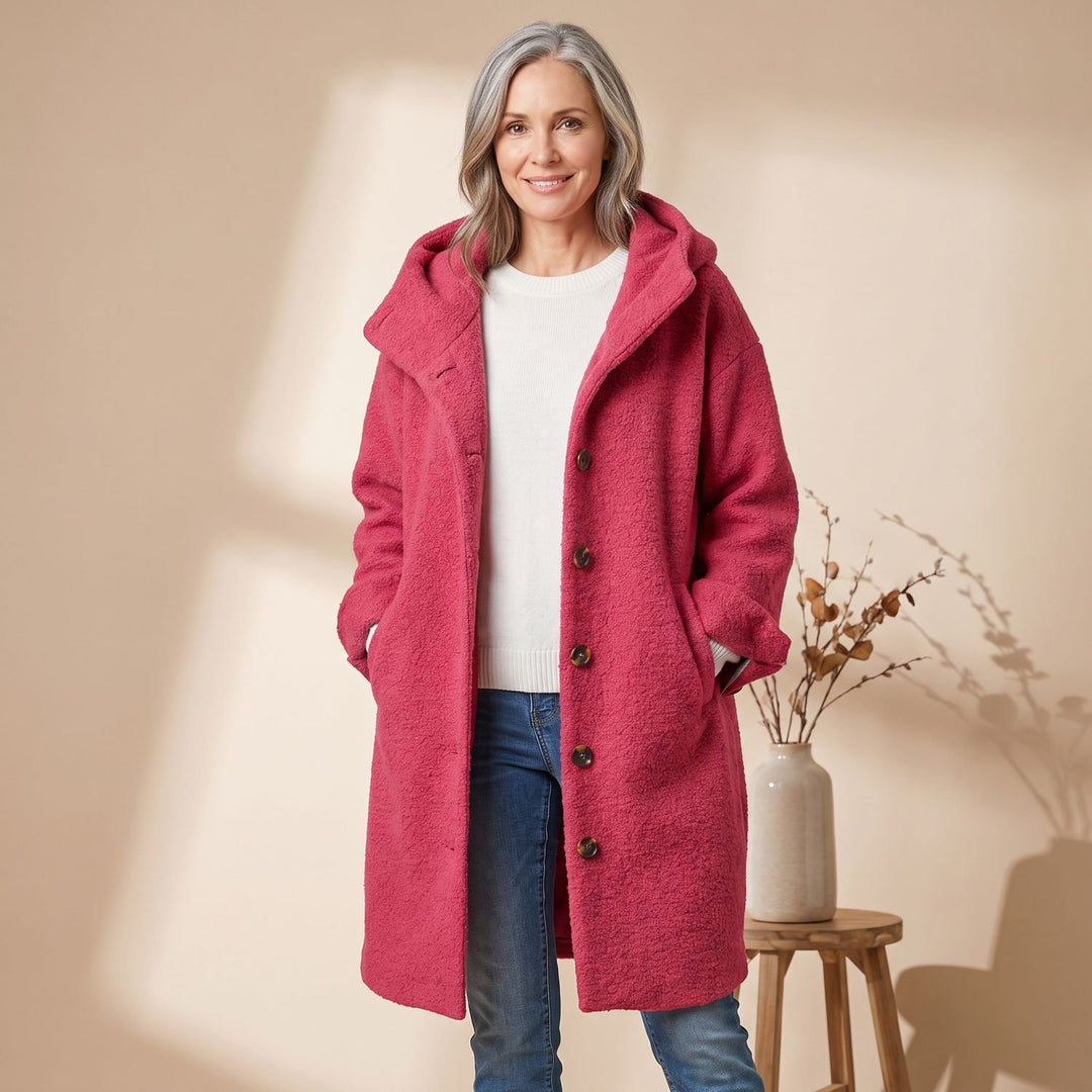 Women's Hooded Button-Front Fleece Wool Coat - Pink