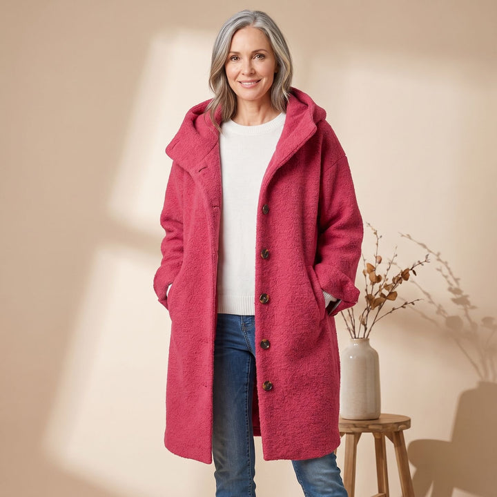 Women's Hooded Button-Front Fleece Wool Coat - Pink