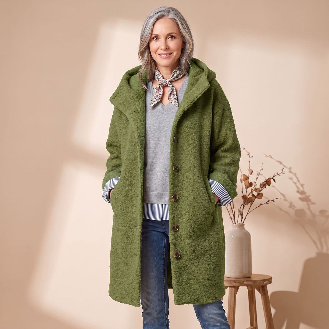 Women's Hooded Button-Front Fleece Wool Coat - Green