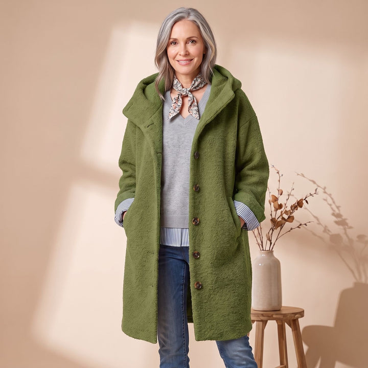 Women's Hooded Button-Front Fleece Wool Coat - Green