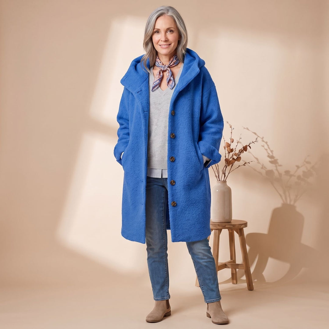 Women's Hooded Button-Front Fleece Wool Coat - Blue