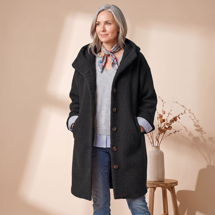 Women's Hooded Button-Front Fleece Wool Coat - Black