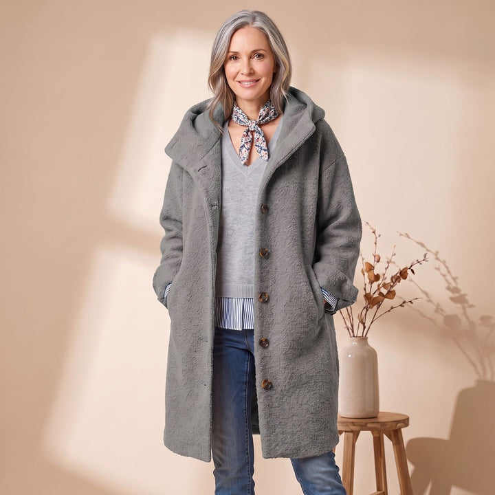 Women's Hooded Button-Front Fleece Wool Coat - Gray