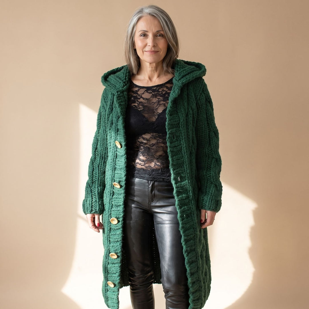 Women's Hooded Cable Knit Longline Button-Front Cardigan Coat - Green