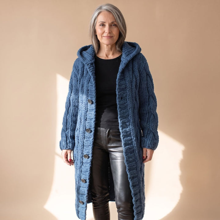 Women's Hooded Cable Knit Longline Button-Front Cardigan Coat - Blue