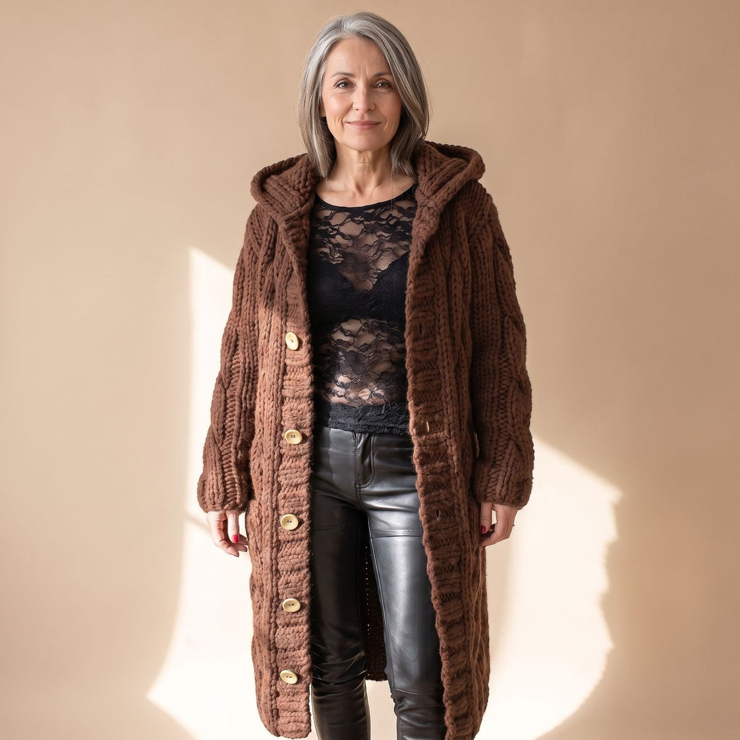 Women's Hooded Cable Knit Longline Button-Front Cardigan Coat - Brown