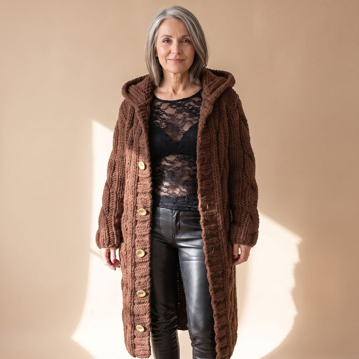 Women's Hooded Cable Knit Longline Button-Front Cardigan Coat - Brown