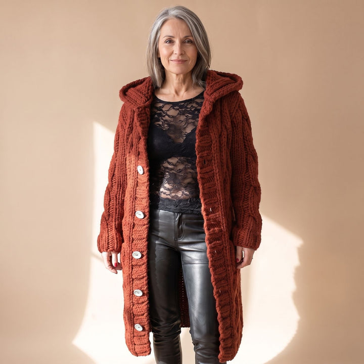Women's Hooded Cable Knit Longline Button-Front Cardigan Coat - Red