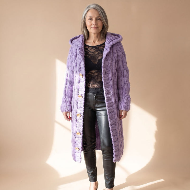 Women's Hooded Cable Knit Longline Button-Front Cardigan Coat - Lilac