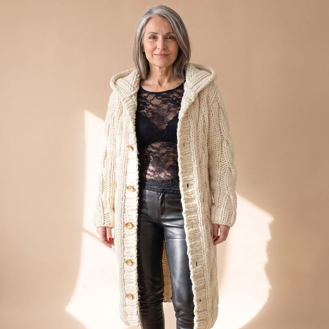 Women's Hooded Cable Knit Longline Button-Front Cardigan Coat - Beige