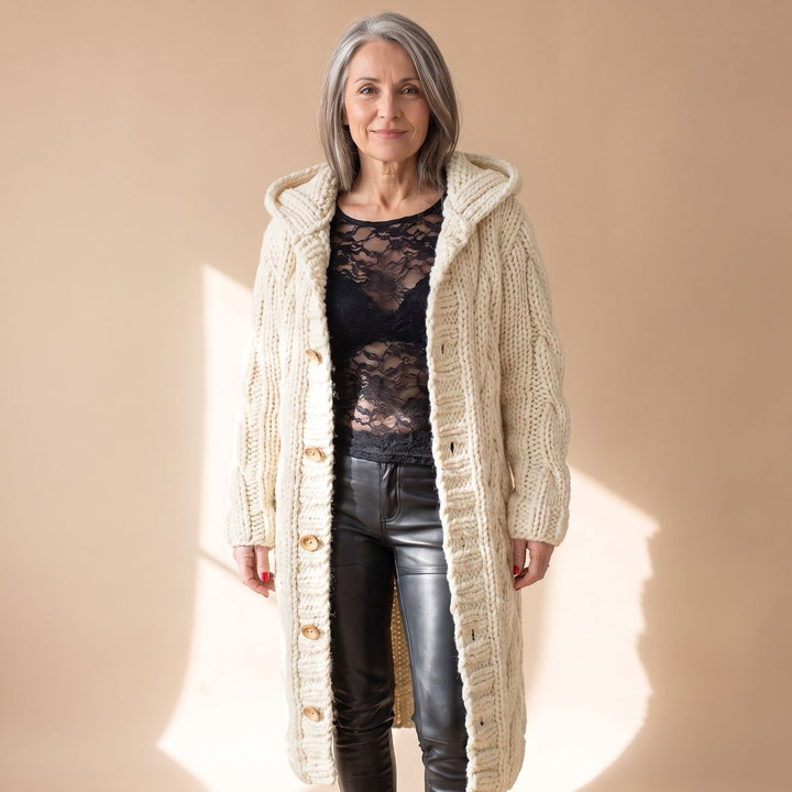 Women's Hooded Cable Knit Longline Button-Front Cardigan Coat - Beige