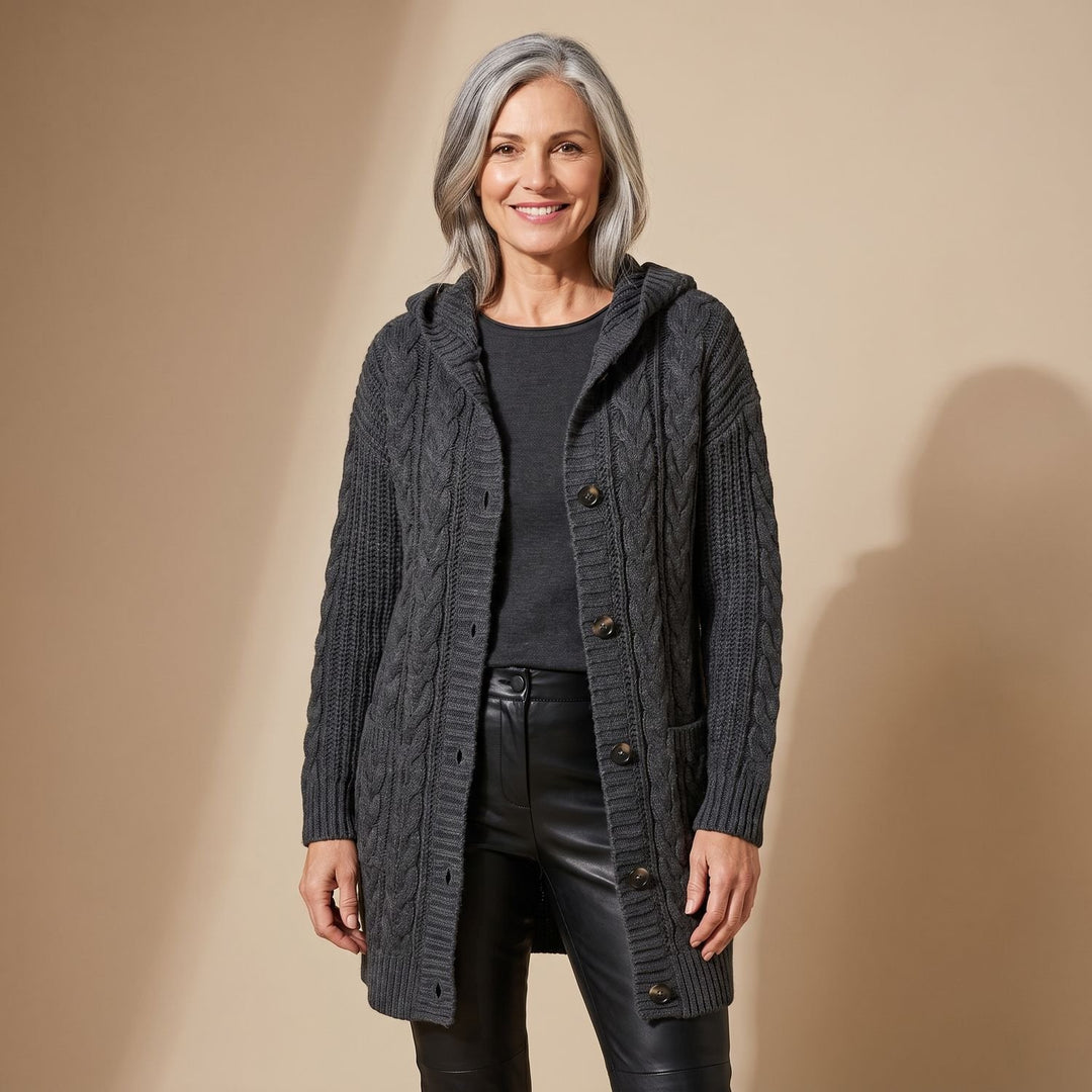 Women's Hooded Cable Knit Longline Button-Front Cardigan Coat - Dark Grey