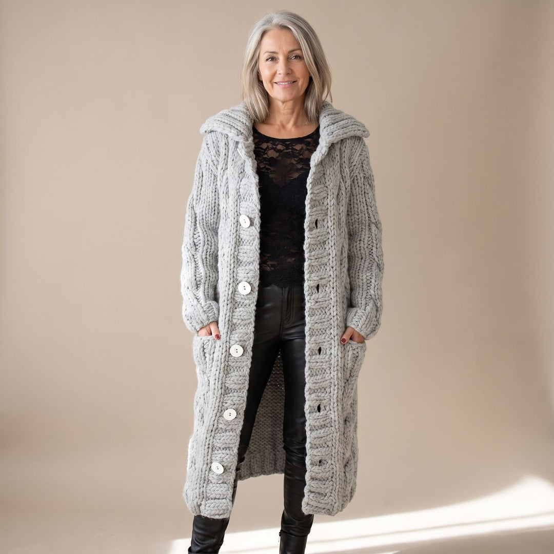 Women's Hooded Cable Knit Longline Button-Front Cardigan Coat - Grey