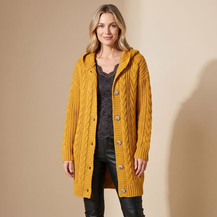 Women's Hooded Cable Knit Longline Button-Front Cardigan Coat - Yellow